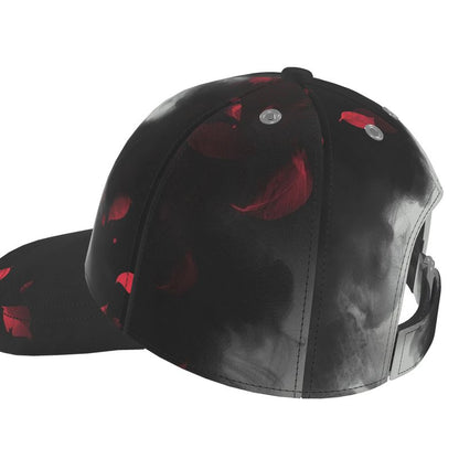 The left side view of the red petal design baseball cap
