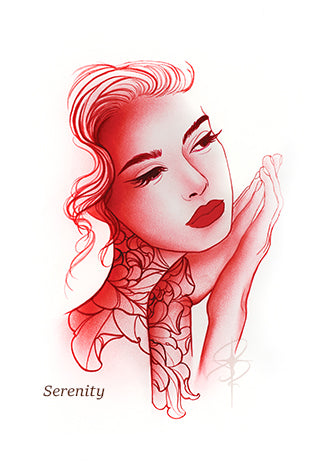 Red and white tattoo-style illustration of a serene woman with floral neck design and bold lips.